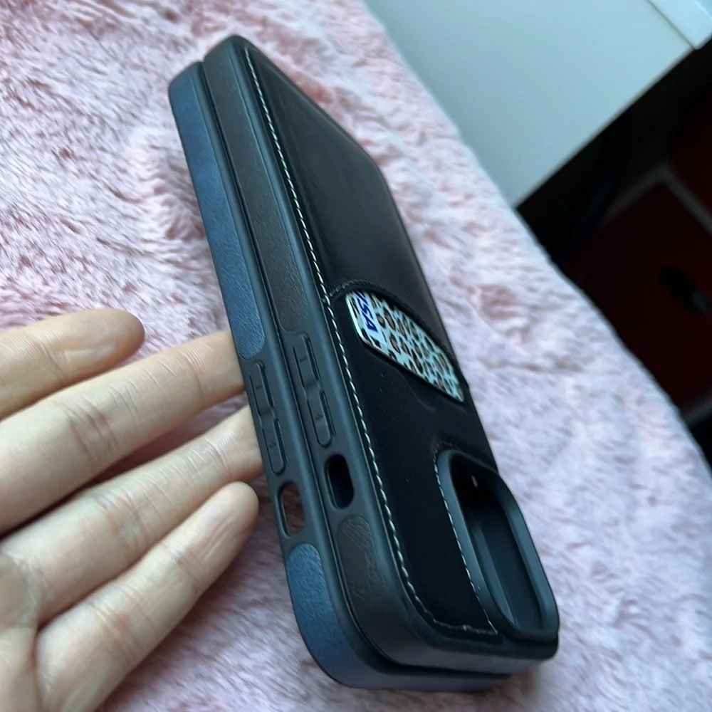 For iPhone 14 leather phone case with elegant stitching with cc pocket holder